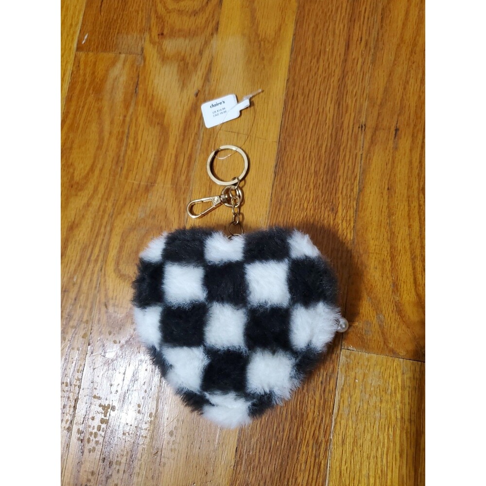 NEW Checkerboard Furry Heart Keychain Bag Charm From Claire's Miniature Zip Up